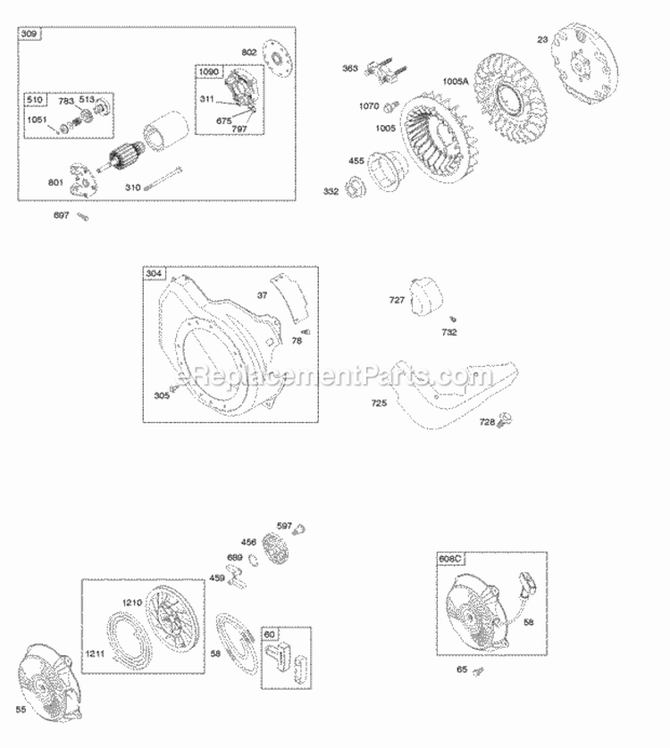 Blower Housing Electric Starter Flywheel Diagram and Parts List for 150212-0115-E1  Briggs and Stratton Engine